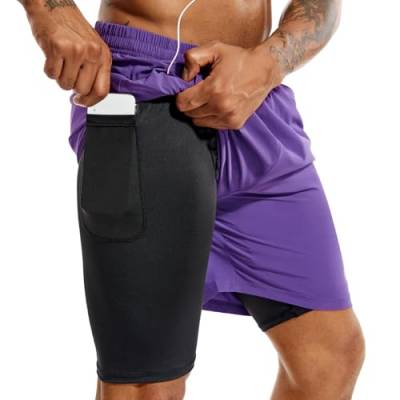 TENJOY Herren 2 in 1 Laufshorts 5 Zoll, schnell trocknende Gym Sport Workout Shorts mit Handytasche violett XL von TENJOY