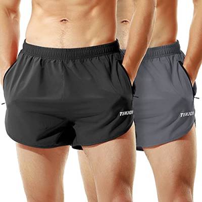 TENJOY Herren Laufshorts Gym Athletic Workout Shorts für Herren 7,6 cm Sportshorts mit Reißverschlusstasche, Schwarz + Grau (2er-Pack), Mittel von TENJOY