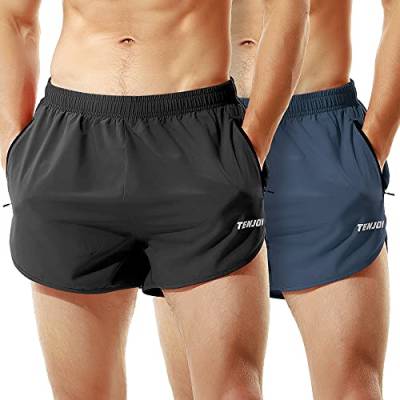 TENJOY Herren Laufshorts Gym Athletic Workout Shorts für Herren 7,6 cm Sportshorts mit Reißverschlusstasche, schwarz+marineblau (2er-Pack), XL von TENJOY