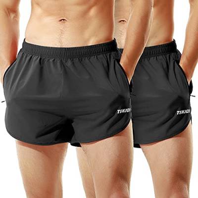TENJOY Herren Laufshorts Gym Athletic Workout Shorts für Männer 7,6 cm Sportshorts mit Reißverschlusstasche, Schwarz + Schwarz (2er-Pack), Groß von TENJOY