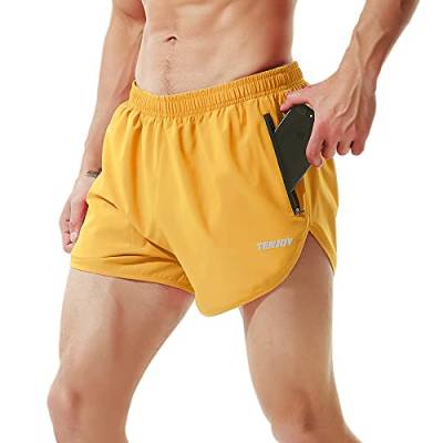 TENJOY Herren Laufshorts Gym Athletic Workout Shorts für Männer 7,6 cm Sportshorts mit Reißverschlusstasche, gelb, Mittel von TENJOY