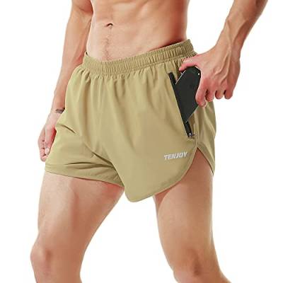 TENJOY Herren Laufshorts Gym Athletic Workout Shorts für Männer 7,6 cm Sportshorts mit Reißverschlusstasche, khaki, Klein von TENJOY