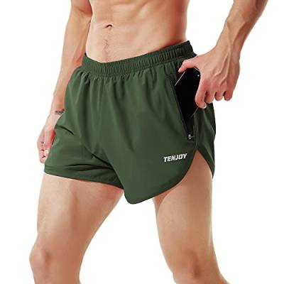 TENJOY Herren Laufshorts Gym Athletic Workout Shorts für Männer 7,6 cm Sportshorts mit Reißverschlusstasche Grün L von TENJOY