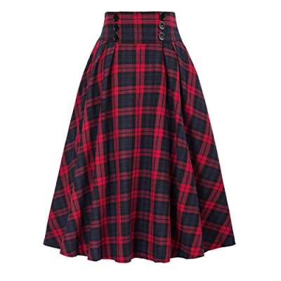 Frauen Karierter Rock Vintage A Linie Hohe Taille Faltenrock Kariert Midirock Lang Vintage Elegant Plaid Röcke Casual Rock Midi Rock Retro Vintage Rockabilly Knielang Festliche Röck (Red-a, L) von TIMIYUYU