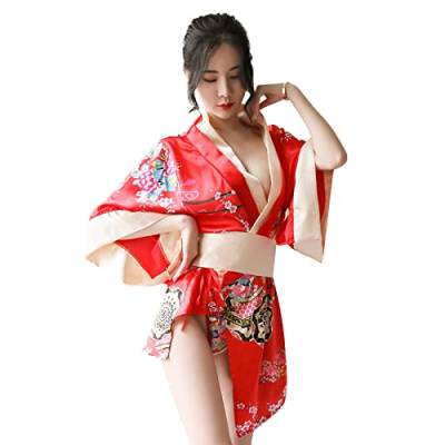 TINAYAUE Damen Traditioneller japanischer Kimono Sexy Dessous Japanische Strickjacke Schnür Kimono Yukata-Kleidung im Kimono-Stil Cosplay-Unterwäsche Retro-Pyjama Kimono Anzug Bademantel Pyjama von TINAYAUE