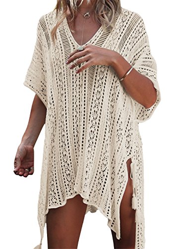 TMEOG Strandkleider Damen Kurze Kleid Badeanzug Bikini Spitze Crochet Cover Up (Medium, Beige) von TMEOG