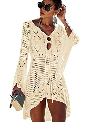 TMEOG Strandkleider Damen Kurze Kleid Badeanzug Bikini Spitze Crochet Cover Up (Medium, C - Cremeweiß) von TMEOG