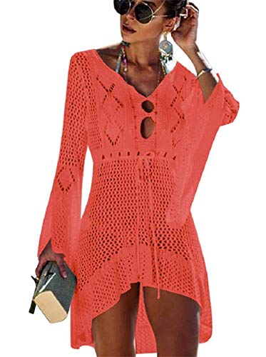 TMEOG Strandkleider Damen Kurze Kleid Badeanzug Bikini Spitze Crochet Cover Up (Medium, C - Orange) von TMEOG