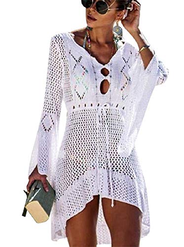 TMEOG Strandkleider Damen Kurze Kleid Badeanzug Bikini Spitze Crochet Cover Up (Medium, C - Weiß) von TMEOG