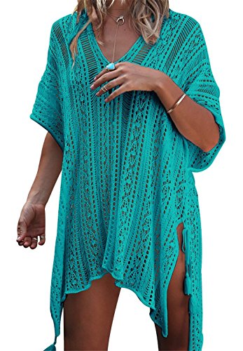TMEOG Strandkleider Damen Kurze Kleid Badeanzug Bikini Spitze Crochet Cover Up (Medium, Grün) von TMEOG
