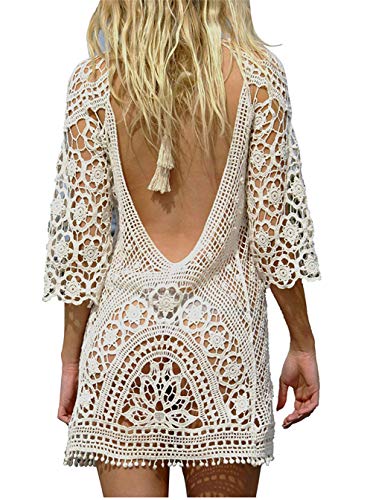 TMEOG Strandkleider Damen Kurze Kleid Badeanzug Bikini Spitze Crochet Cover Up (Medium, RüCkenfrei Weiß) von TMEOG