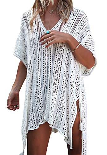 TMEOG Strandkleider Damen Kurze Kleid Badeanzug Bikini Spitze Crochet Cover Up (Medium, Weiß) von TMEOG