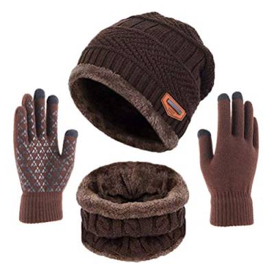 TMEOG Wintermütze Herren Mütze Schal Handschuh-Sets, Touchscreen Handschuhe Beanie Warme Mütze Strickmütze Winterschal Herren mit Fleecefutter (A - Kaffee) von TMEOG