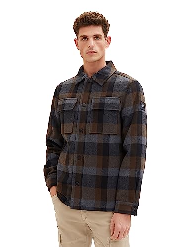 TOM TAILOR Herren 1037332 Karo-Overshirt Jacke mit gestepptem Innenfutter, 32569-brown Black Big Check, XXL von TOM TAILOR