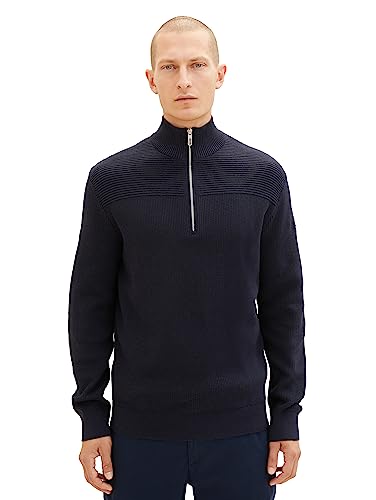 TOM TAILOR Herren 1038315 Strukturierter Strick-Pullover mit Troyer-Kragen, 13160-Knitted Navy Melange, L von TOM TAILOR