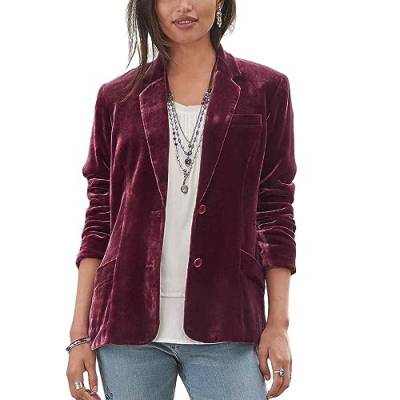 Blazer Damen, Damen-Anzugjacke Eleganter Samt-Blazer Mantel Solide Langarm-Cardigan Kurze Anzugjacke Mit Offenem Vorderknopf Modische Schmale Blazer-Jacke Arbeit Büro Sportlich Burgunderrot L von TOMPPY