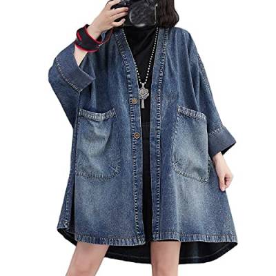 Damen Jeansjacke, Lange Jeansjacke Für Damen Übergröße Vintage-Blau Langärmelig Shacket-Jacke Mit Knöpfen Verblasst V-Ausschnitt Jeansmantel Frühling Übergang Lässige Oberbekleidung Mit Tasche L von TOMPPY