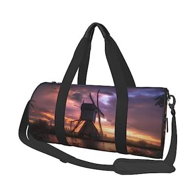 Sunset Windmill Printed Sports Duffel Bag Gym Tote Bag Weekender Travel Bag Sports Gym Bag For Workout Overnight Travel Luggage Women Men, Black, One Size, Schwarz , Einheitsgröße von TOMPPY