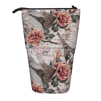 TOMPPY Blume Paris Eiffelturm gedruckt Bleistift Fall Stand Up Bleistift Tasche Teleskop Bleistift Halter Fall Schreibwaren Organizer Make-up Tasche Mit Reißverschluss, Schwarz , Einheitsgröße, Reisen von TOMPPY