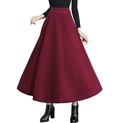 TONCHENGSD Damen Hohe Elastische Taille Maxi Rock Winter Warm Wolle Flare Langer Rock, rot, X-Groß von TONCHENGSD