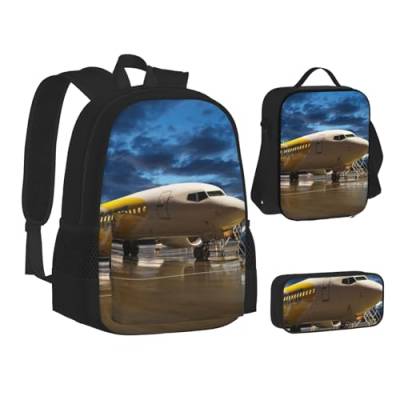 TRESILA Rucksack für Kinder, Jungen und Mädchen, strapazierfähiges Polyester, Schultasche, Büchertasche mit Lunchtasche und Federmäppchen (3-in-1-Rucksack-Set), Rot / Weiß, Flugzeug im Abendlicht, One von TRESILA