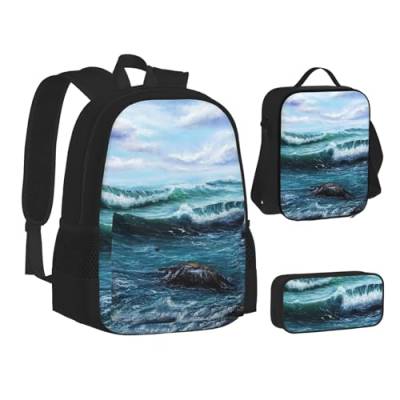 TRESILA Rucksack für Kinder, Jungen und Mädchen, strapazierfähiges Polyester, Schultasche, Büchertasche mit Lunchtasche und Federmäppchen (3-in-1-Rucksack-Set)/Blaue Meereslandschaft, Blaues Meer von TRESILA