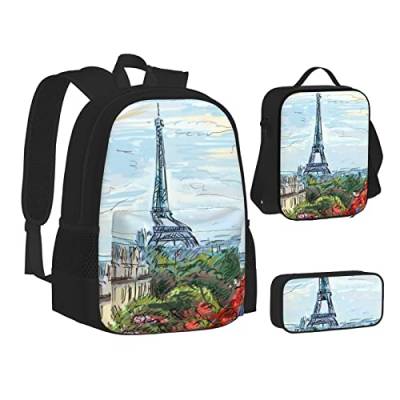 TRESILA Rucksack für Kinder, Jungen und Mädchen, strapazierfähiges Polyester, Schultasche, Büchertasche mit Lunchtasche und Federmäppchen (3-in-1-Rucksack-Set) / Late Night Highway, Straße in Paris von TRESILA