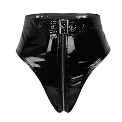 TSSOE Damen Ouvert Slip Wetlook Hotpants mit Reißverschluss Lack Leder String Tanga Höschen Frauen Sexy Dessous Unterwäsche Gogo Outfits Clubwear Schwarz G S von TSSOE