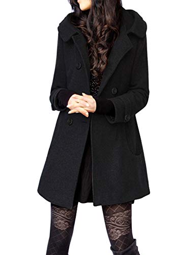 Tanming Damen Warm Zweireihiger Wollmantel Erbsenmantel Trenchcoat Jacke mit Kapuze, Schwarz-Baumwolle, Small von Tanming