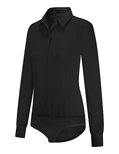 Tapata Damen-Bodysuit-Bluse mit Knöpfen, einteilig, langärmlig, solides Büroarbeitshemd, lässige Oberteile, Schwarz, XXL von Tapata