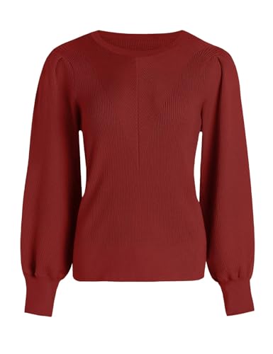 Tapata Damen Pullover Lange Puffärmel Strickpullover Sweatshirt Gerippter Rundhalsausschnitt Elegant Lässige Herbstoberteile Bequeme Pulli, Ziegelstein, Large von Tapata