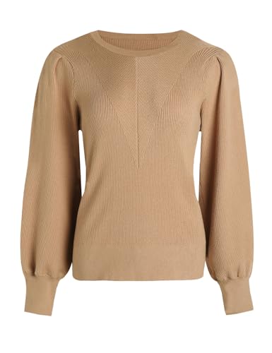 Tapata Damen Pullover Lange Puffärmel Strickpullover Sweatshirt Gerippter Rundhalsausschnitt Elegant Lässige Herbstoberteile Bequeme Pulli, Khaki, Medium von Tapata