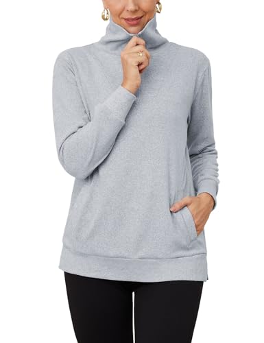 Tapata Sweatshirt Damen Langarm Pullover Revers Halber Reißverschluss Oberteile Basic Herbst Winter Tops mit Taschen, Hellgrau, Large von Tapata