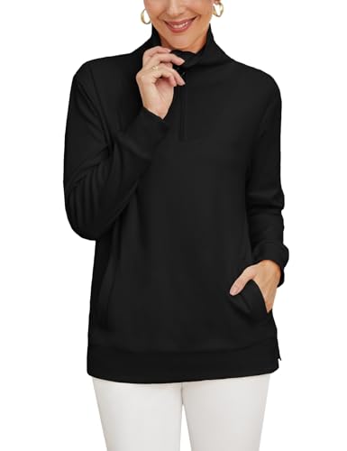 Tapata Sweatshirt Damen Langarm Pullover Revers Halber Reißverschluss Oberteile Basic Herbst Winter Tops mit Taschen, Schwarz, X-Large von Tapata