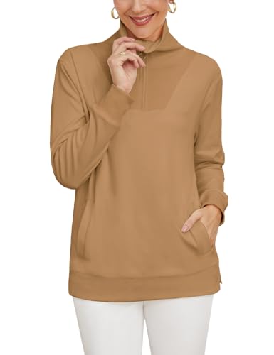 Tapata Sweatshirt Damen Langarm Pullover Revers Halber Reißverschluss Oberteile Basic Herbst Winter Tops mit Taschen, Tan, Medium von Tapata