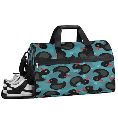 Schwarze Katze Muster Turnbeutel, Sport Turnbeutel mit Nassfach & Schuhfach, Turnbeutel für Damen, Turnbeutel für Männer, Workout Tasche, Sporttasche, Weekender Bag mit Schuhfach, Schwarze Ente, von Tavisto