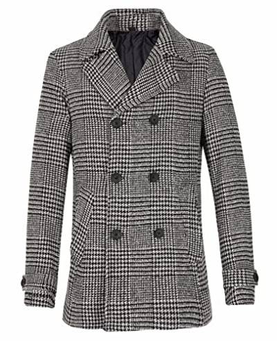 ThCreasa Klassischer zweireihiger Trenchcoat für Herren, Wollmischung, gesteppt, gefüttert, gekerbter Kragen, Übermantel, Schwarzer Hahnentritt, Large von ThCreasa