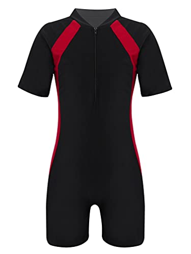 TiaoBug Mädchen Jungen Sport Badeanzug Schwimmanzug mit Reisverschluss Einteiler aus Kurzarm Bade Hemd Shirt und Kurze Hose Rot C 146-152 von TiaoBug