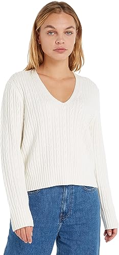 Tommy Hilfiger Damen Pullover V-Neck Sweater Strickpullover, Weiß (Ecru), L von Tommy Hilfiger
