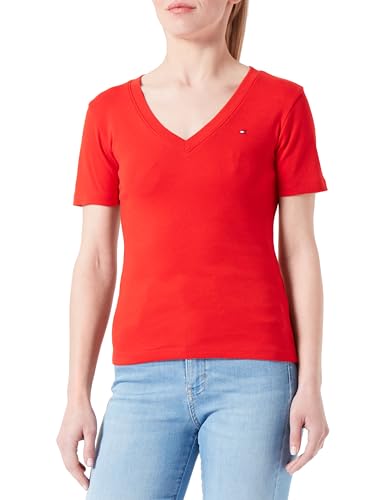 Tommy Hilfiger Damen T-Shirt Kurzarm New Slim Cody V-Neck V-Ausschnitt, Rot (Fierce Red), L von Tommy Hilfiger