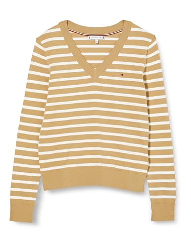 Tommy Hilfiger Damen Pullover Jersey V-Neck Strickpullover, Mehrfarbig (Classic Khaki/ Ecru Stp), L von Tommy Hilfiger