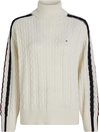 Tommy Hilfiger Damen Strickpullover GLOBAL STP Cable ROLL-NK SWT Ecru Weiss - M von Tommy Hilfiger