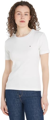 Tommy Hilfiger Damen T-Shirt Kurzarm New Cody Slim Crop Mock-Rollkragen, Weiß (Ecru), L von Tommy Hilfiger