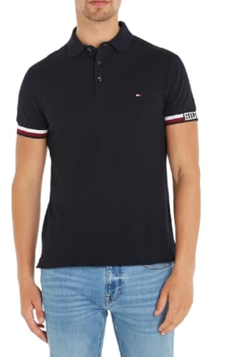 Tommy Hilfiger Herren Poloshirt Kurzarm Monotype Flag Cuff Slim Fit Polo Baumwolle, Blau (Desert Sky), S von Tommy Hilfiger