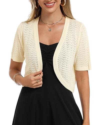 Totatuit Damen Bolero Festliche Kurze Elegante Strickjacke Baumwolle Leicht Kurzarm Sommerjacke für Party und Hochzeit Beige S von Totatuit