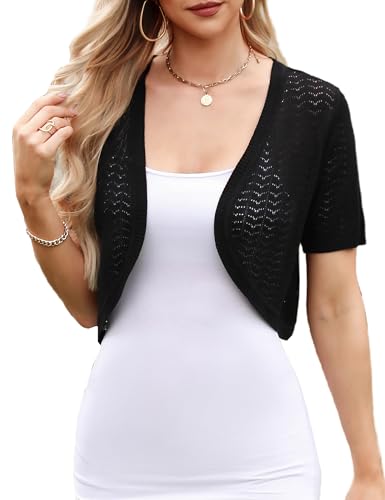 Totatuit Damen Bolero Festliche Kurze Elegante Strickjacke Baumwolle Leicht Kurzarm Sommerjacke für Party und Hochzeit Schwarz M von Totatuit