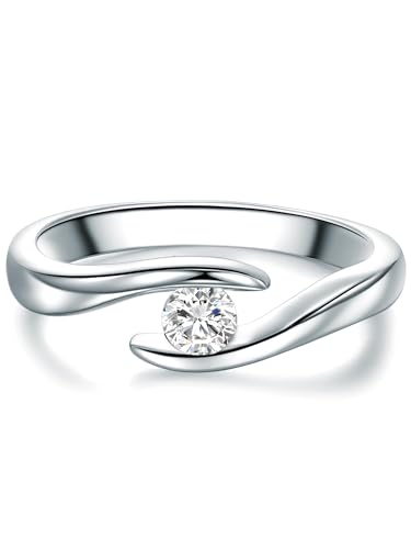 Tresor 1934 Damen-Solitärring Sterling Silber Zirkonia weiß im Brillantschliff - Spannring gedreht Verlobungsring Antragsring Trauring: Ring Gr. 56 (17.8) von Trilani