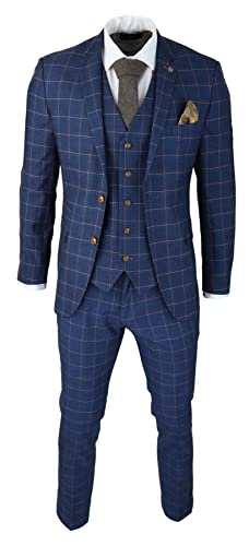 TruClothing.com Herren-Anzug 3-teiliger Blau Orange Kariert Retro Elegante Passform Vintage - blau 62 von TruClothing.com