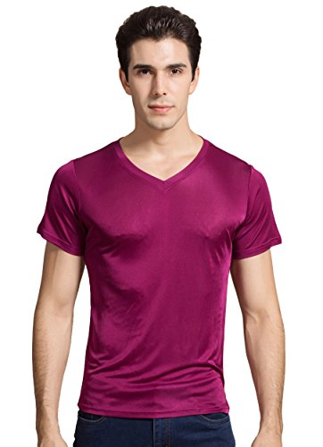 Herren Reiner Seide Tops Kurzarm Tank V-Ausschnitt T-Shirt Violett Rot 2XL von Tulpen