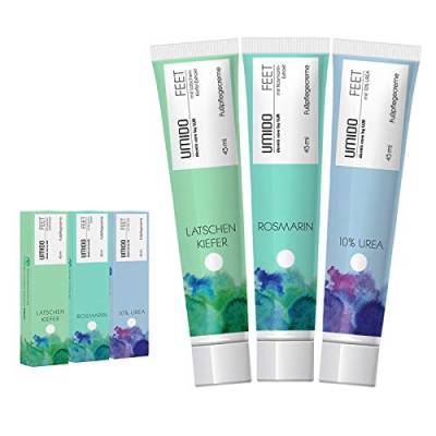 UMIDO 3 Stück Set Fuß-Creme Set 45 ml | 1x Latschenkiefer | 1x Rosmarin | 1x mit 10% UREA | Fußbalsam | Fußlotion | Pflegecreme | Fußpflegecreme | Creme von UMIDO - dermis care by LLM